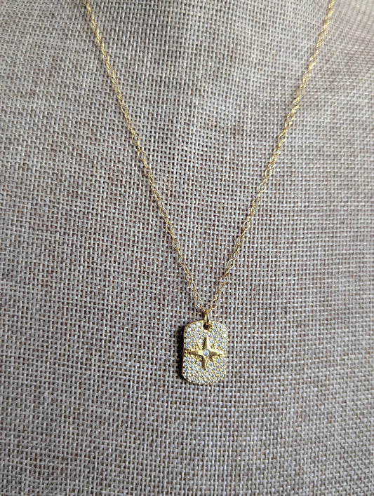 14kGF North Star Micro Pave Dog Tag Necklace