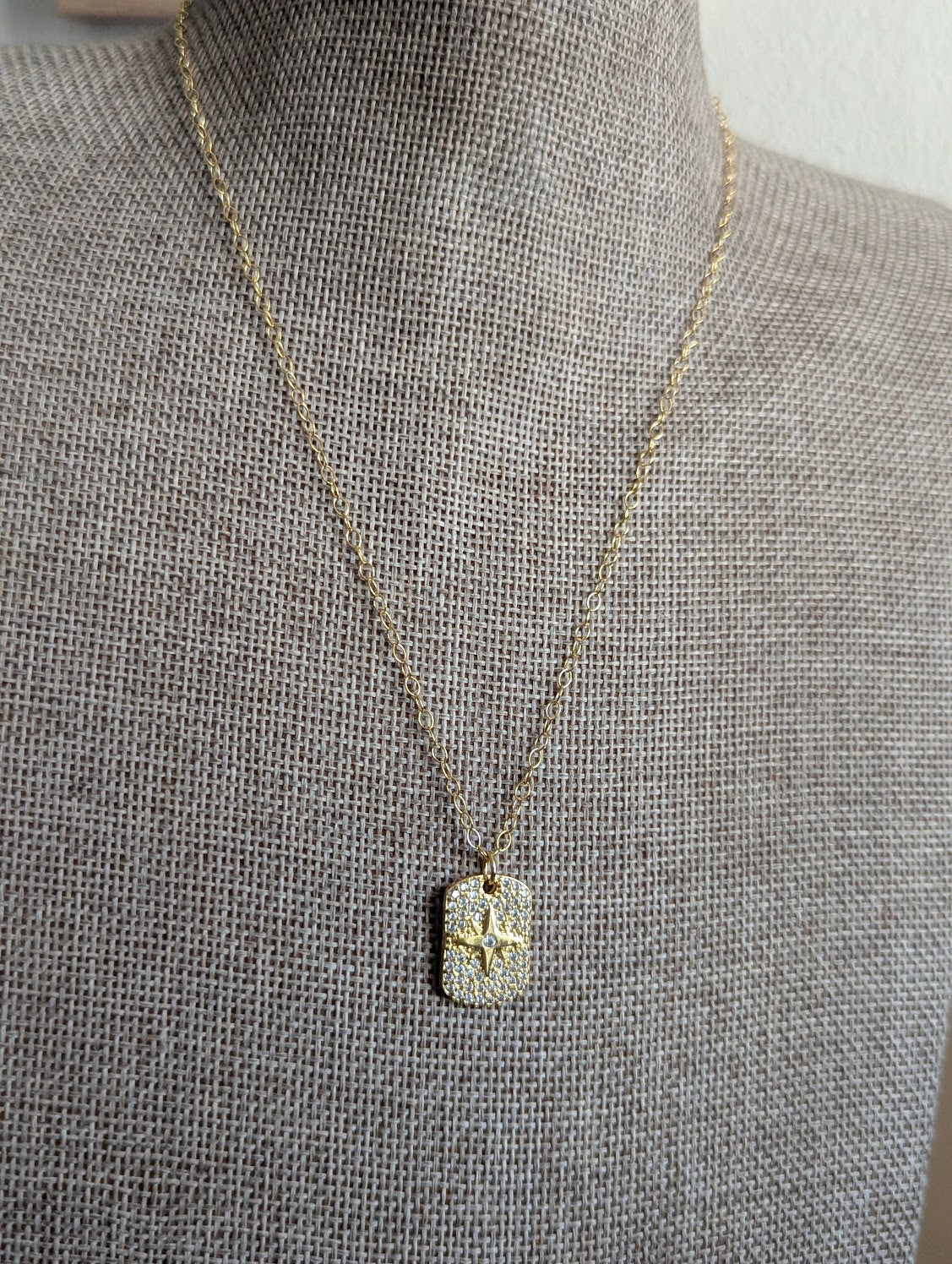 14kGF North Star Micro Pave Dog Tag Necklace