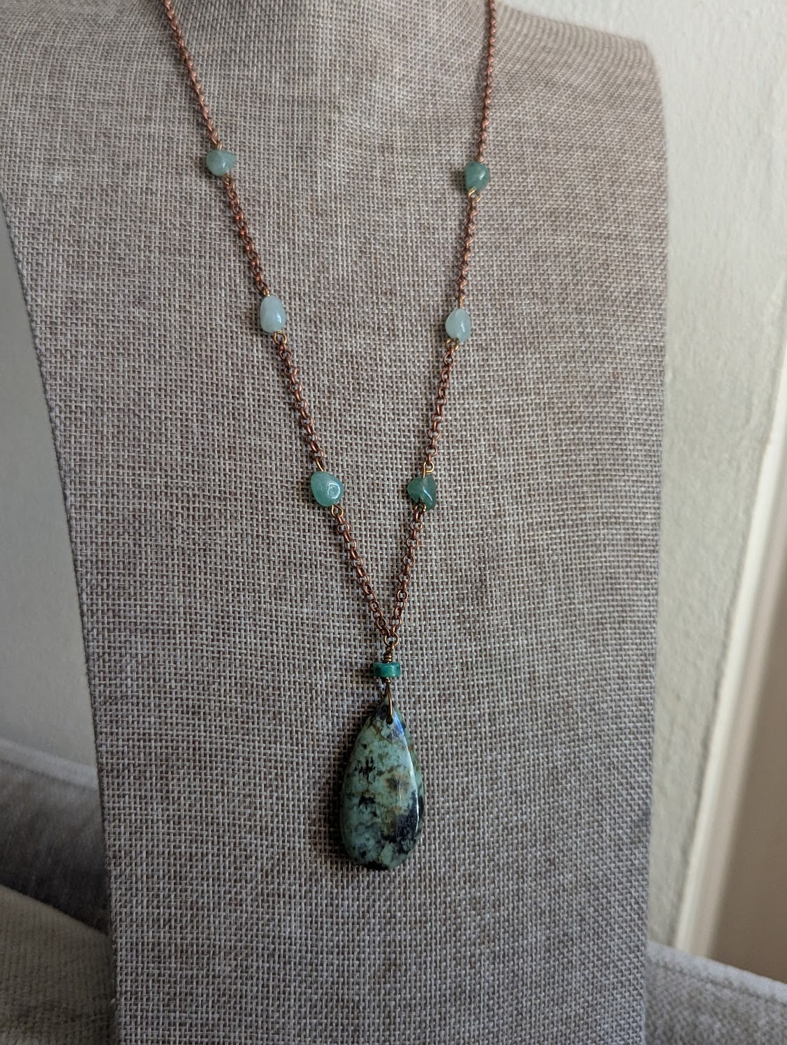 African Turquoise and Green Aventurine Necklace (Silver or Brass)