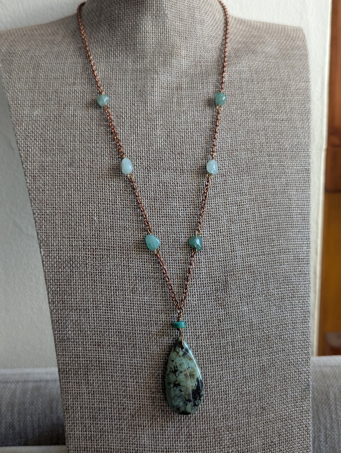 African Turquoise and Green Aventurine Necklace (Silver or Brass)