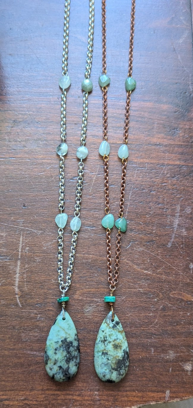 African Turquoise and Green Aventurine Necklace (Silver or Brass)