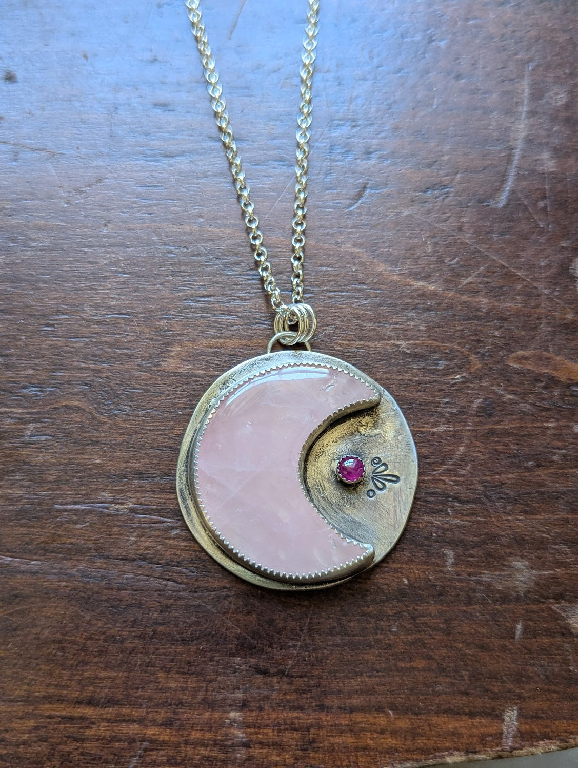 Rose Quartz Crescent Moon and Pink Sapphire Sterling Silver Necklace