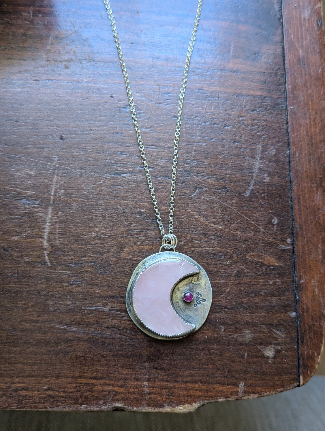 Rose Quartz Crescent Moon and Pink Sapphire Sterling Silver Necklace