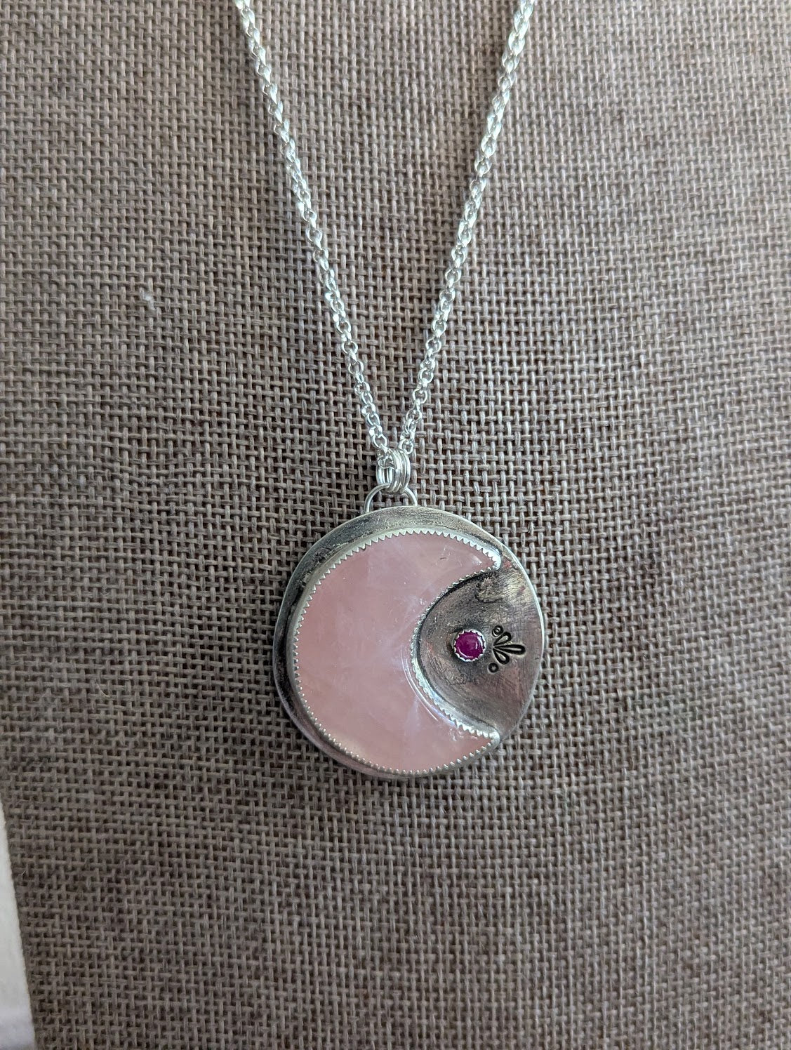 Rose Quartz Crescent Moon and Pink Sapphire Sterling Silver Necklace