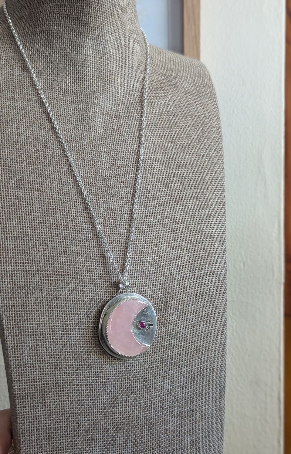 Rose Quartz Crescent Moon and Pink Sapphire Sterling Silver Necklace