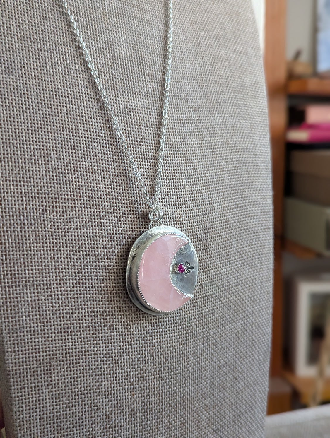 Rose Quartz Crescent Moon and Pink Sapphire Sterling Silver Necklace