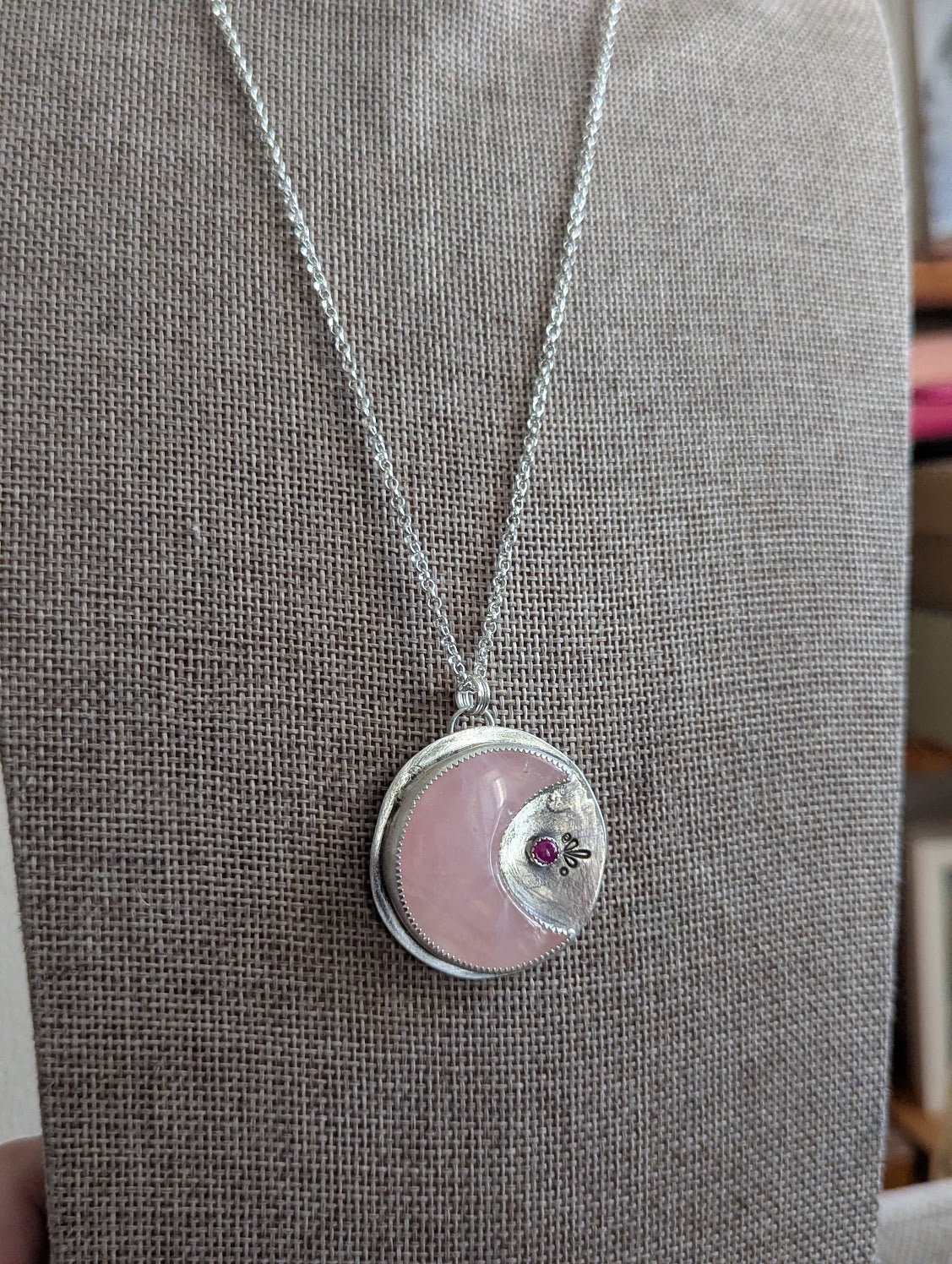 Rose Quartz Crescent Moon and Pink Sapphire Sterling Silver Necklace