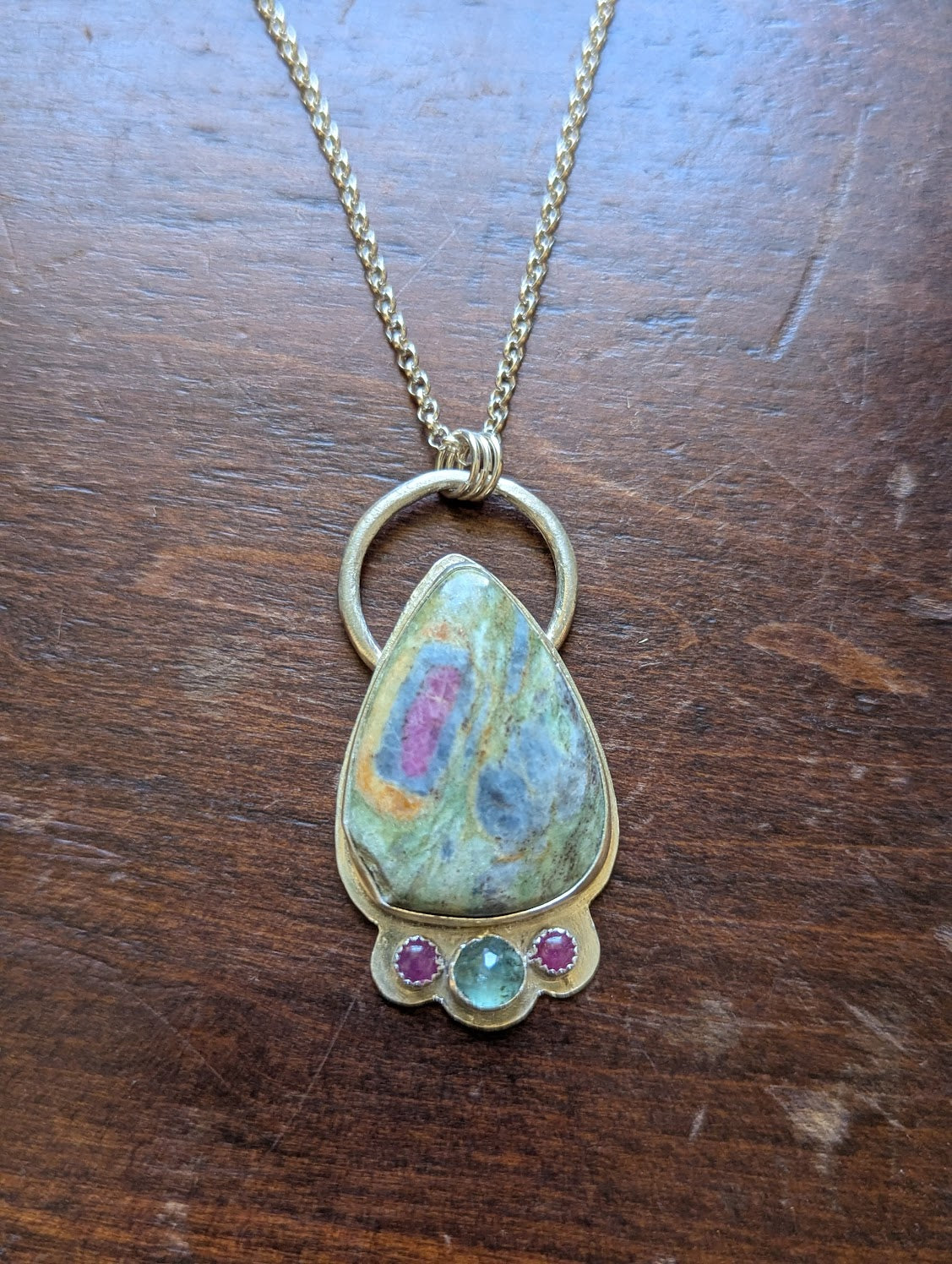 Ruby Fuchsite, Pink Sapphire and Green Kyanite Full Circle Sterling Silver Necklace