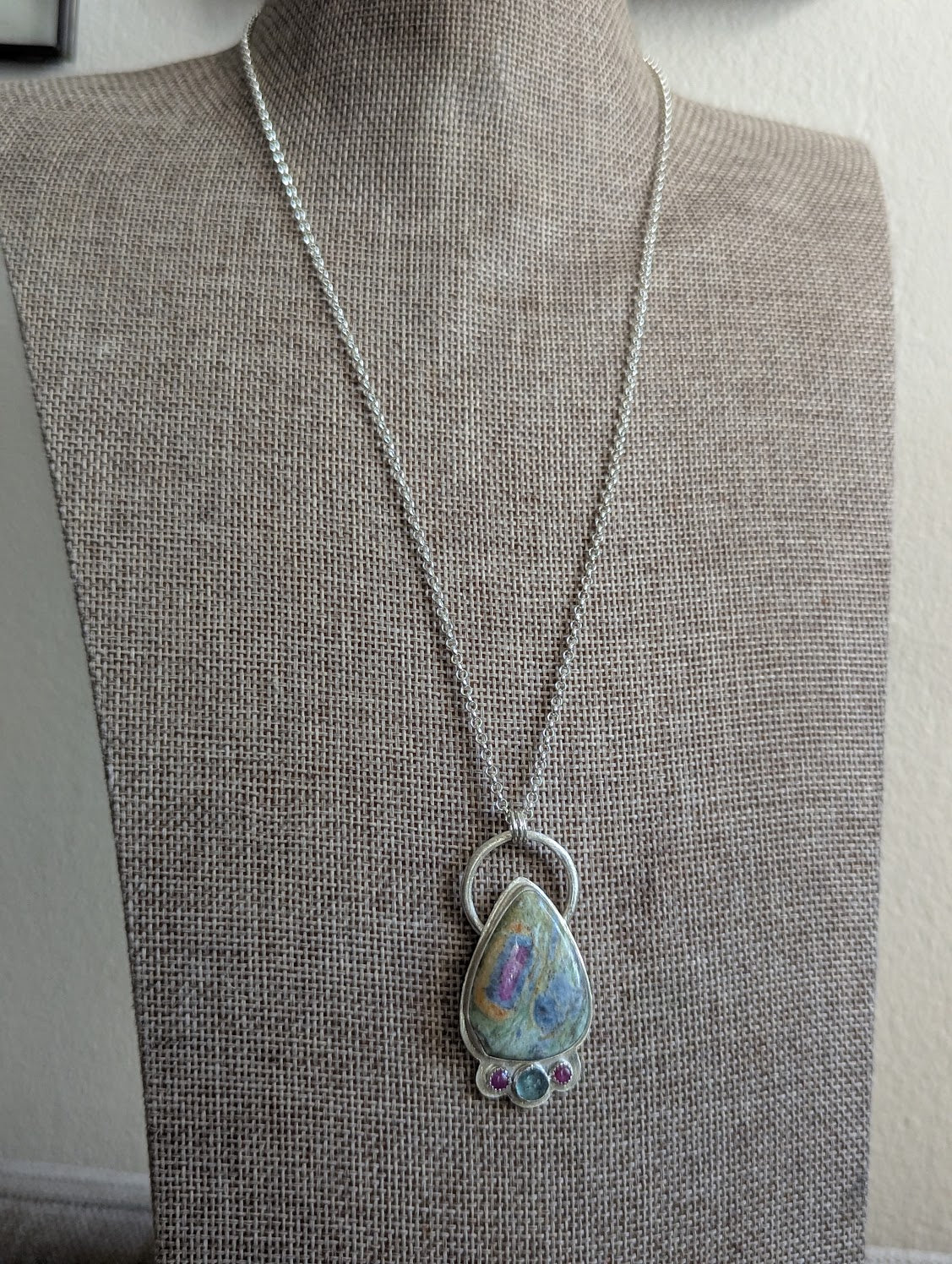 Ruby Fuchsite, Pink Sapphire and Green Kyanite Full Circle Sterling Silver Necklace