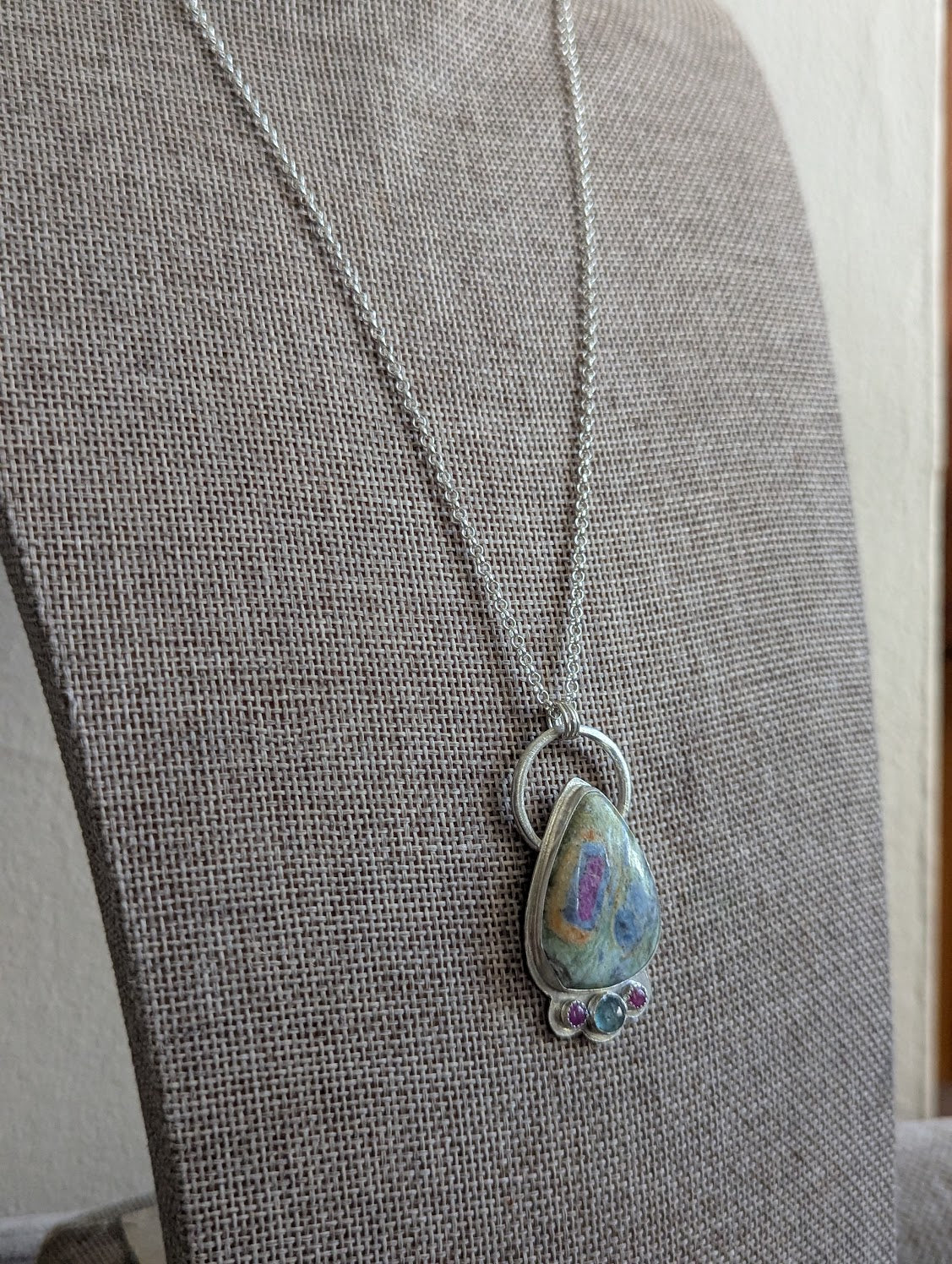 Ruby Fuchsite, Pink Sapphire and Green Kyanite Full Circle Sterling Silver Necklace