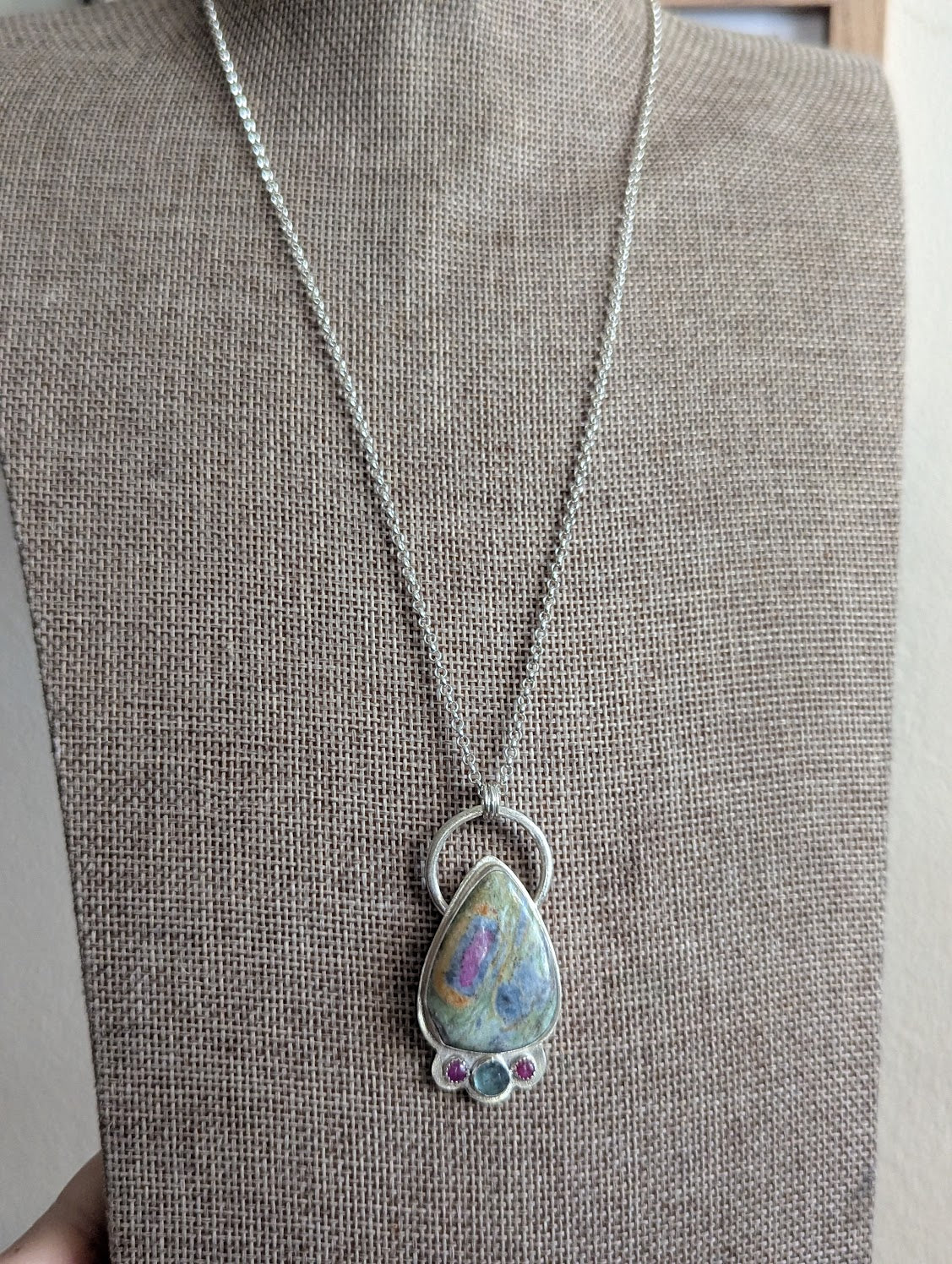 Ruby Fuchsite, Pink Sapphire and Green Kyanite Full Circle Sterling Silver Necklace