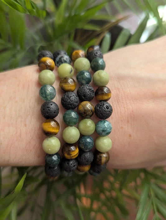 Moss Agate, Jade, Tigers Eye, Lava Bracelet (Various Sizes Available)
