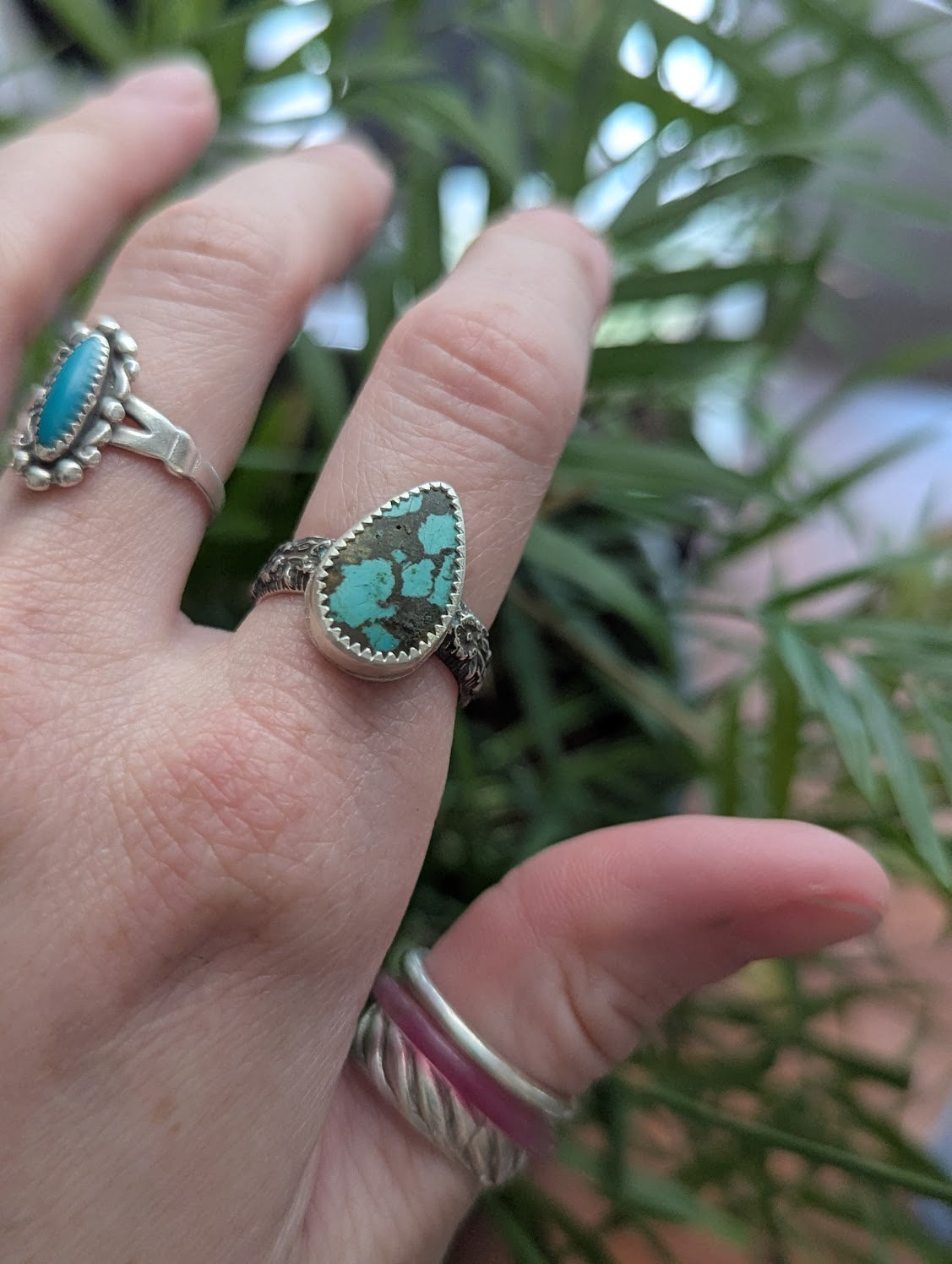 Hubei Turquoise Tear Drop Silver Ring - Size 7