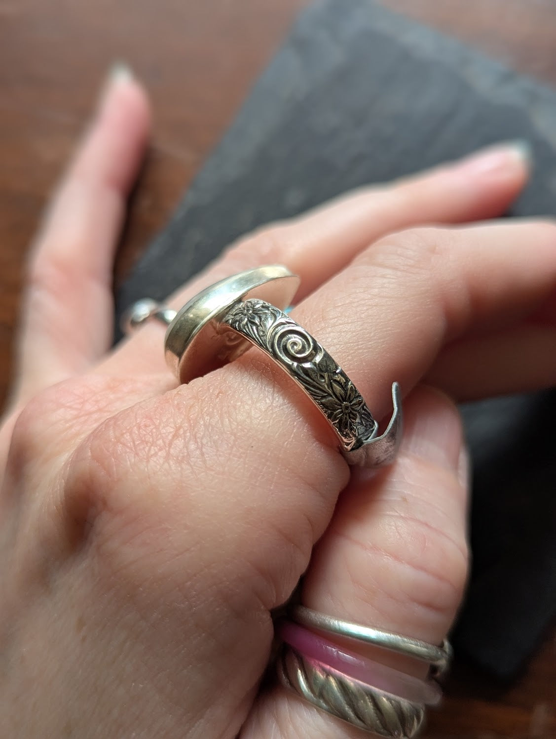 Moonstone and Tourmaline Tear Drop Silver Ring - Size 10