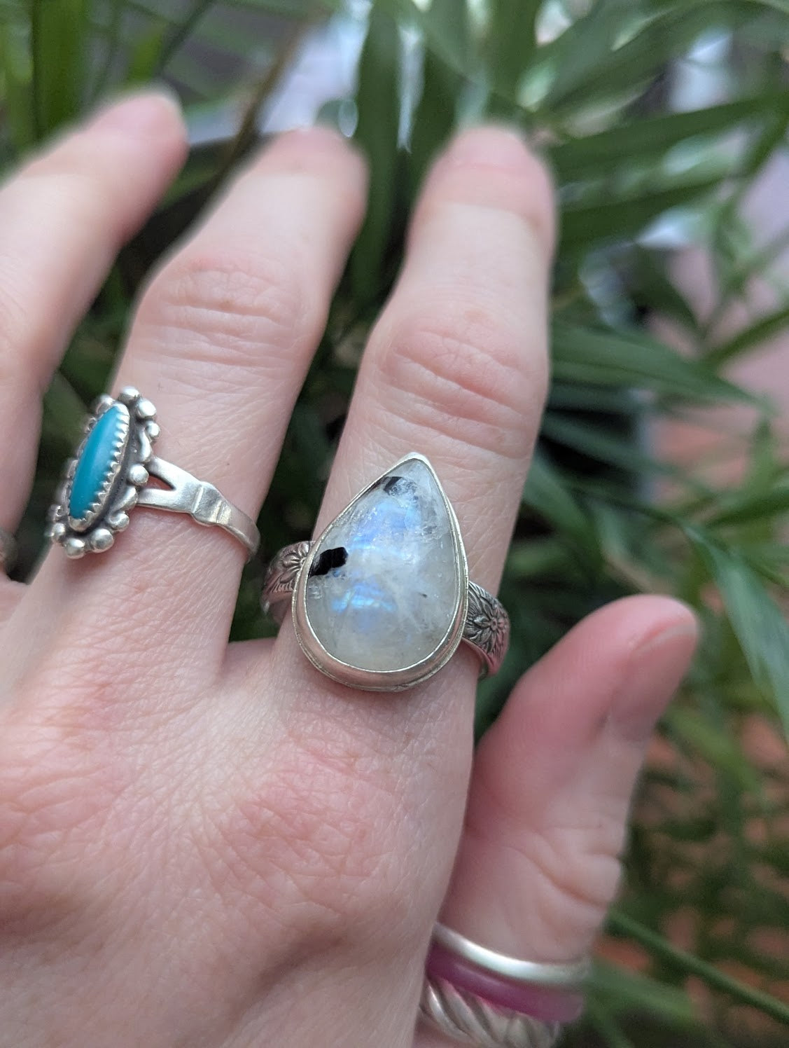 Moonstone and Tourmaline Tear Drop Silver Ring - Size 10