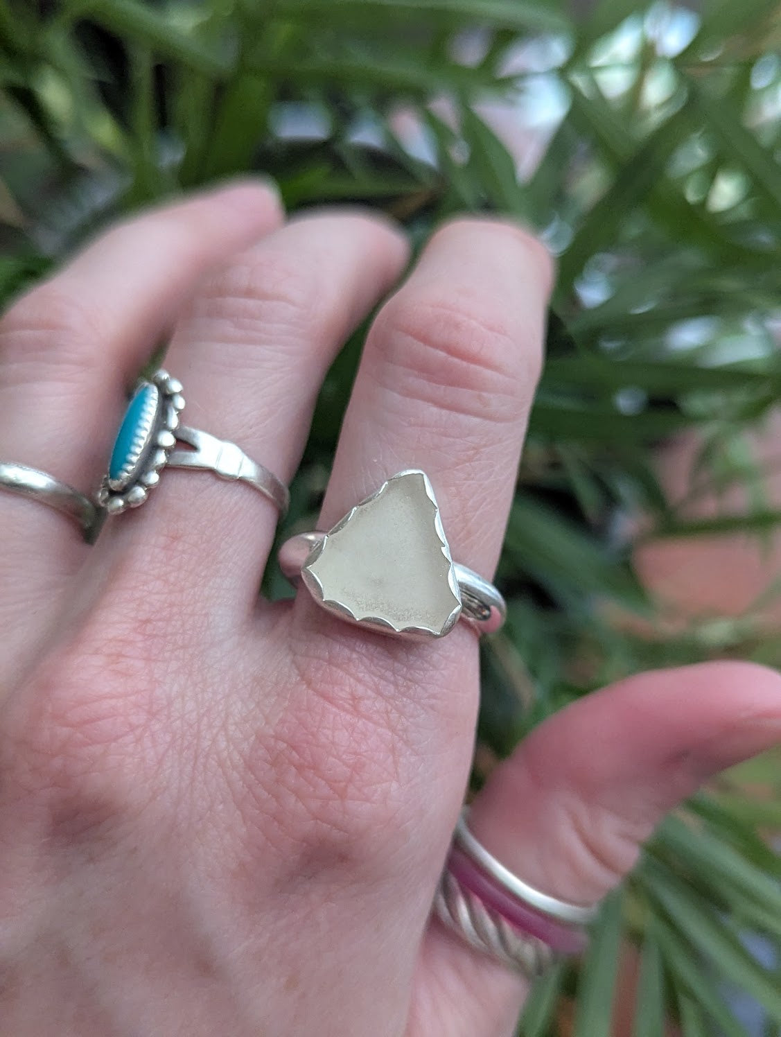 White Seaglass Silver Ring - Size 9.5