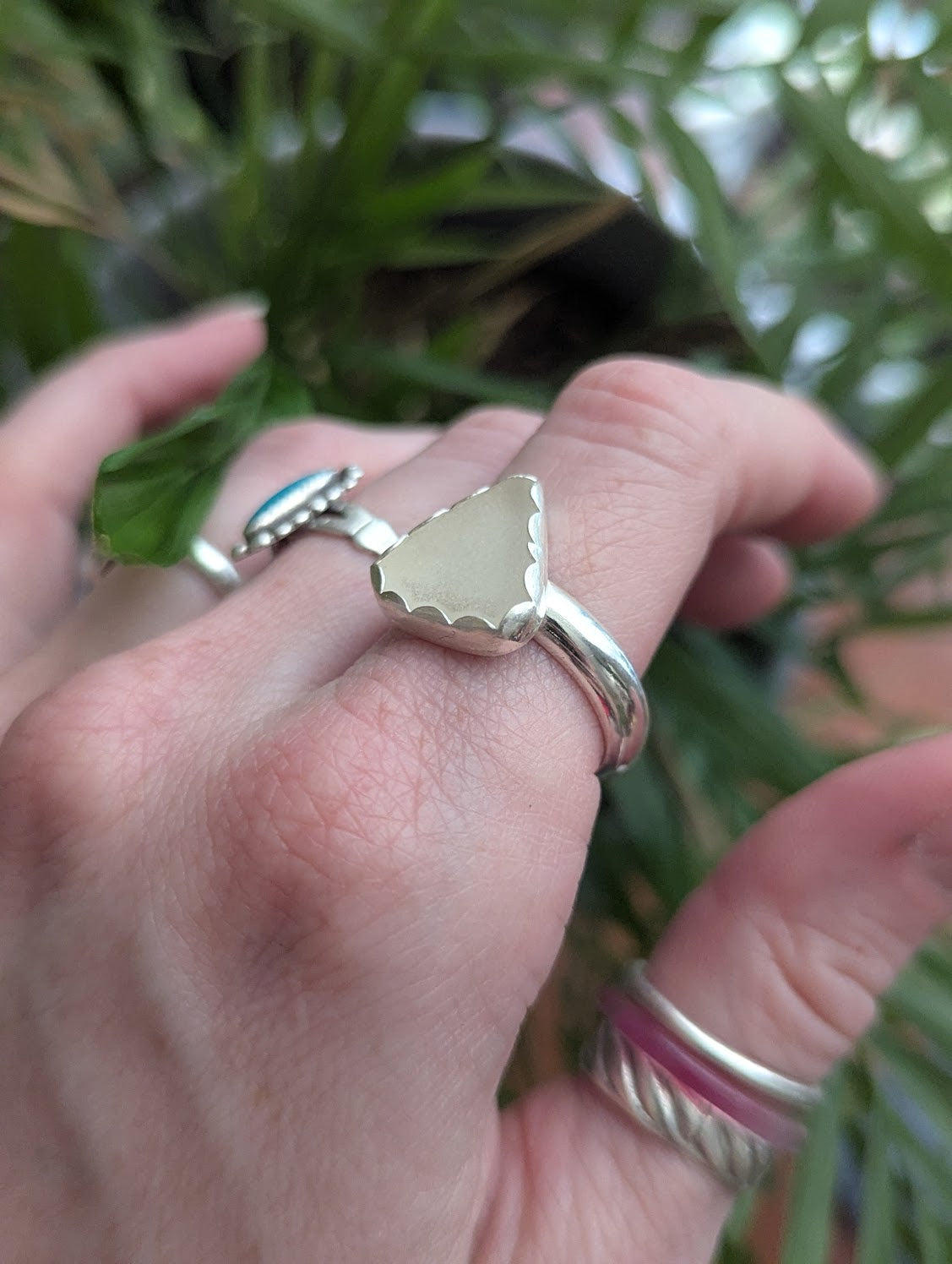 White Seaglass Silver Ring - Size 9.5