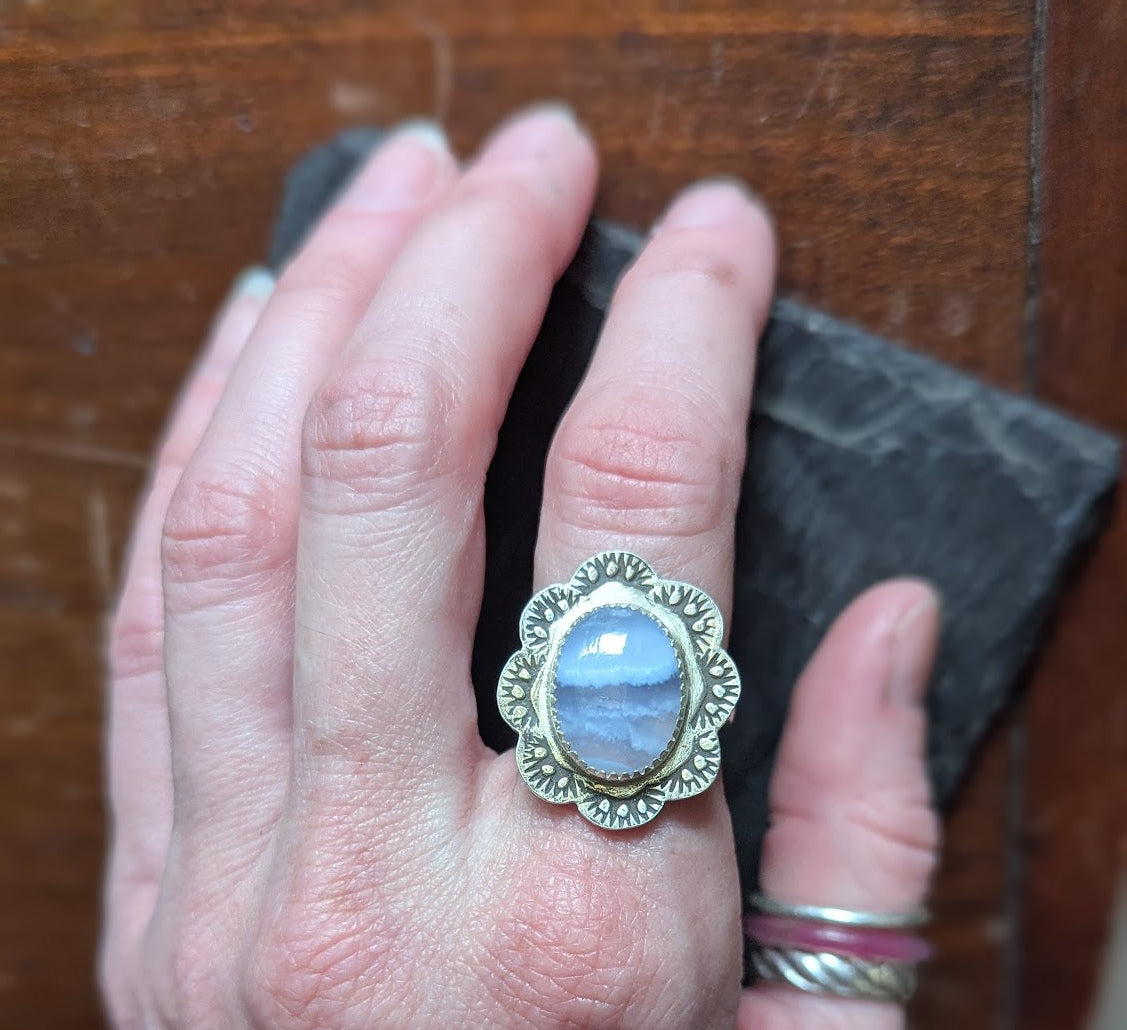 Blue Lace Agate Floral Stamped Silver Ring - Size 7