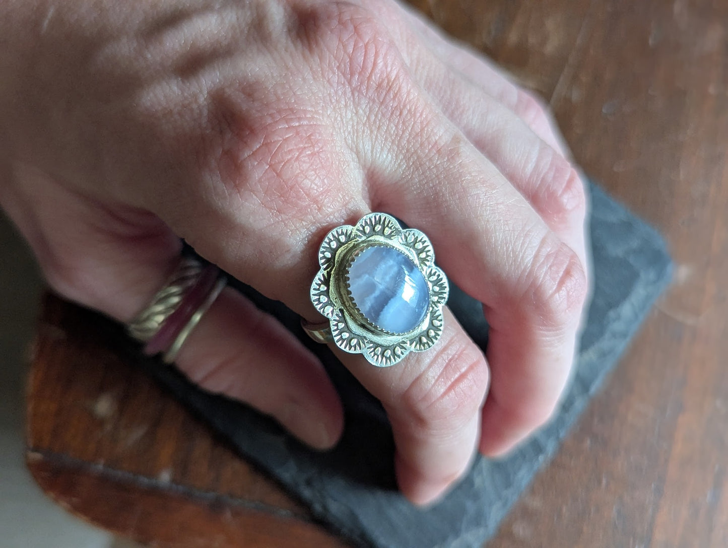 Blue Lace Agate Floral Stamped Silver Ring - Size 7