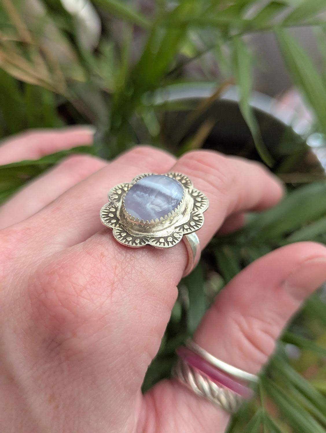 Blue Lace Agate Floral Stamped Silver Ring - Size 7