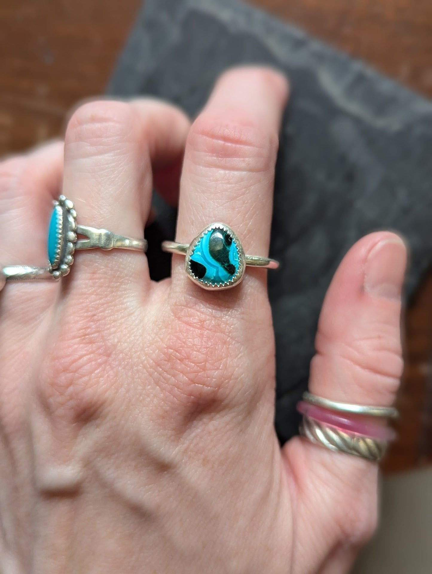 Malachite and Chrysocolla Silver Ring - Size 11