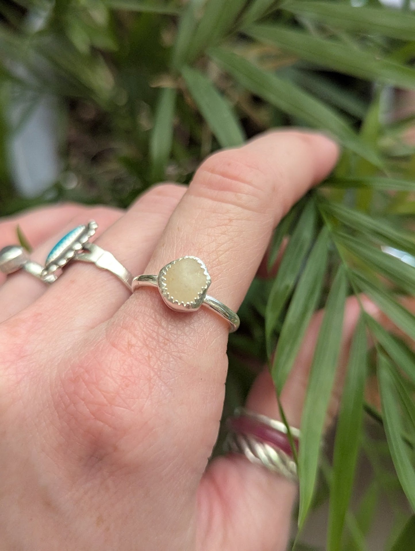 White Beach Stone Silver Ring - Size 6