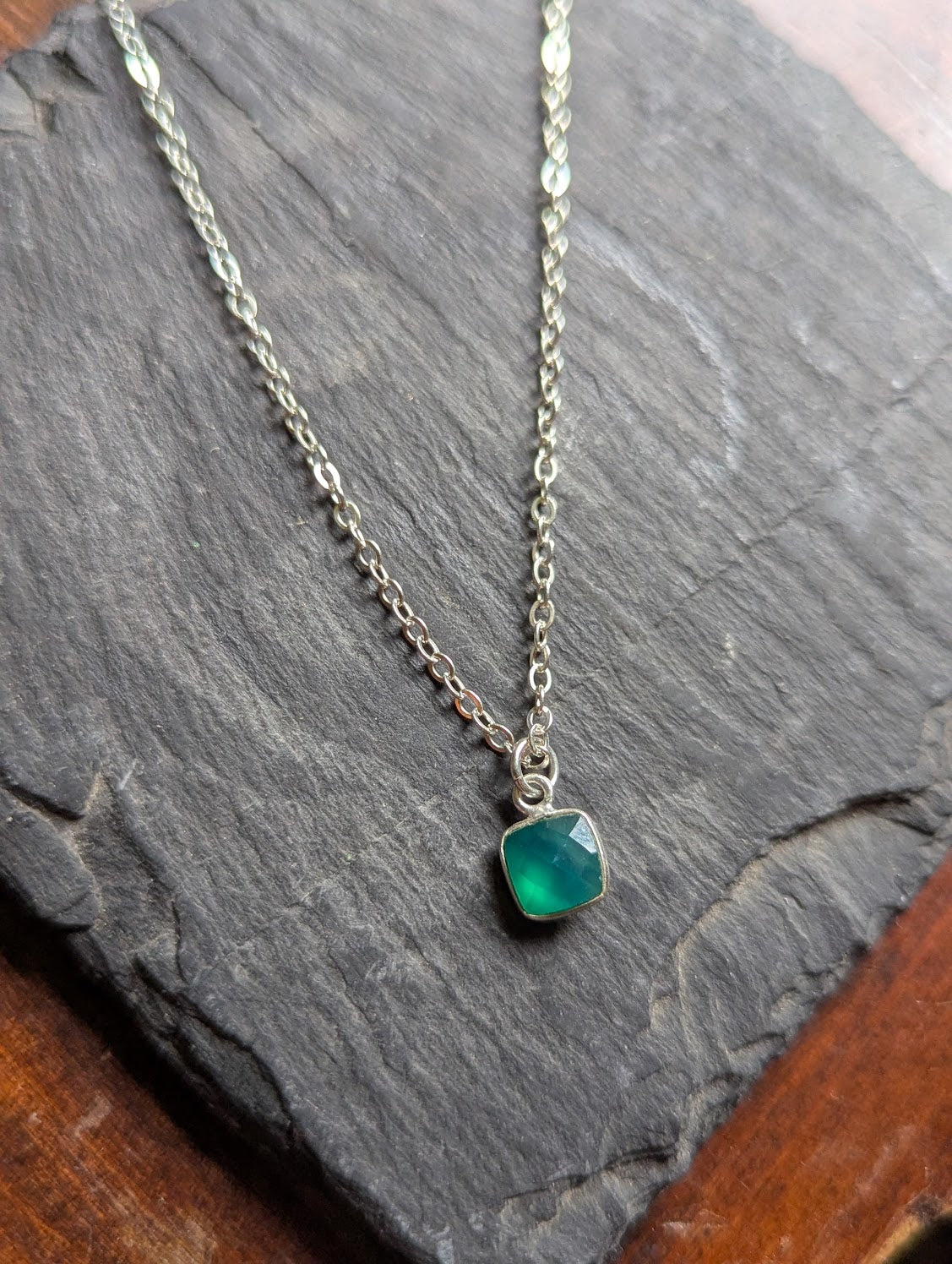 Green Onyx Square Sterling Silver Necklace