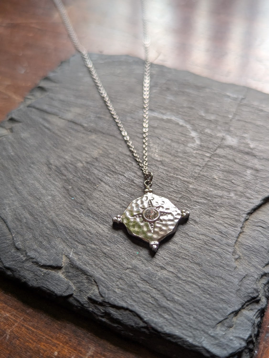 Silver Compass North Star CZ Stainless Necklace