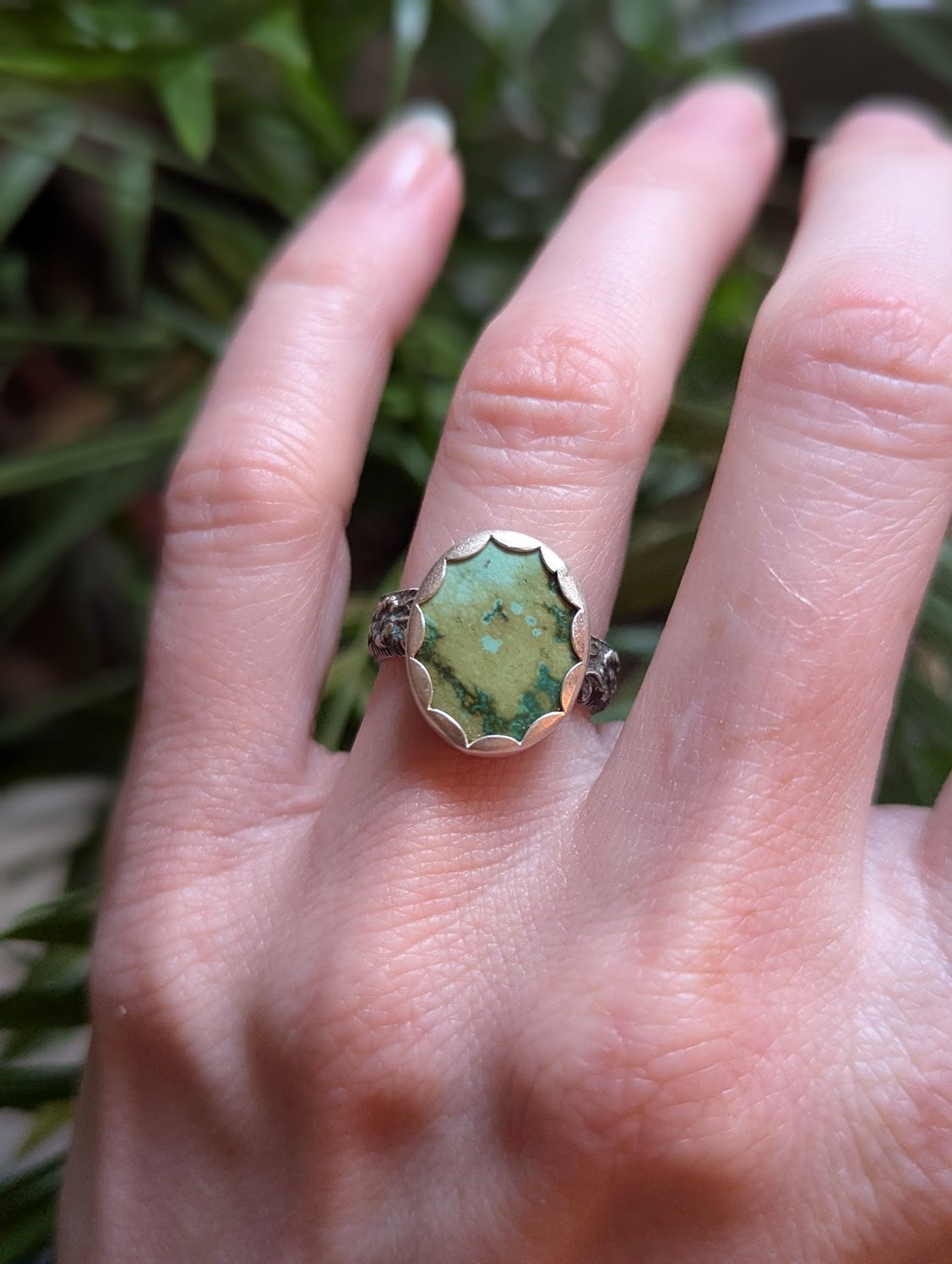 Oval Blue Green Turquoise Silver Ring - Size 5