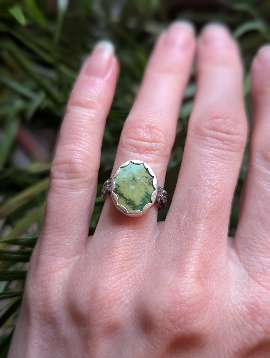 Oval Blue Green Turquoise Silver Ring - Size 5