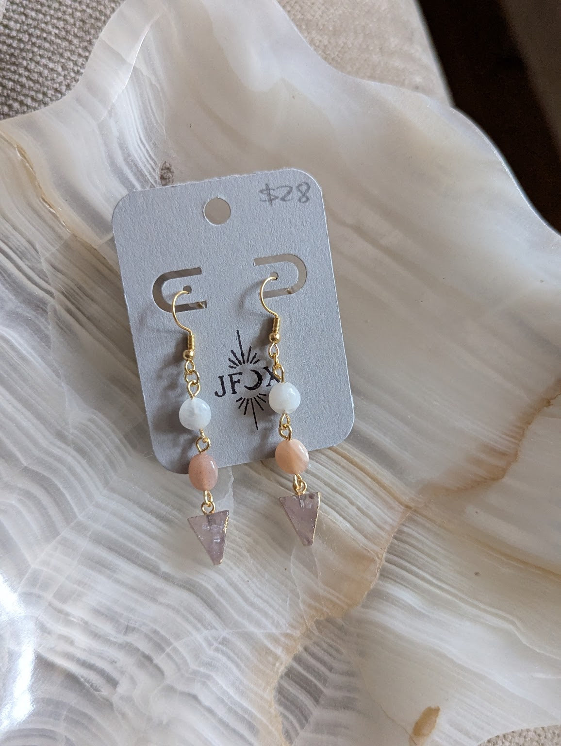 Mixed Moonstone Rose Quartz Gold Earrings