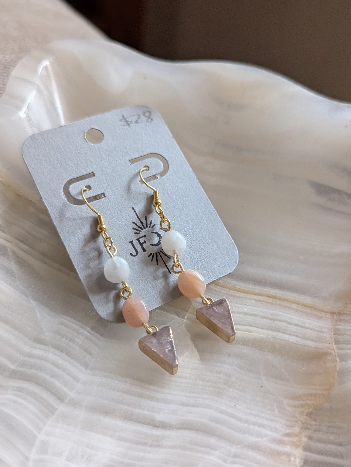 Mixed Moonstone Rose Quartz Gold Earrings