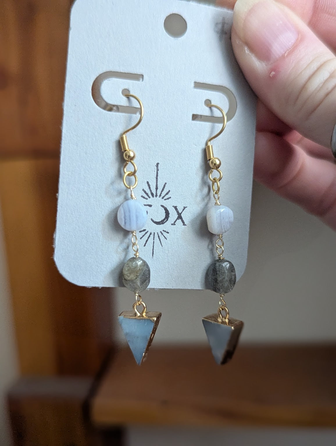 Blue Lace Agate, Labradorite, Amazonite Gold Earrings