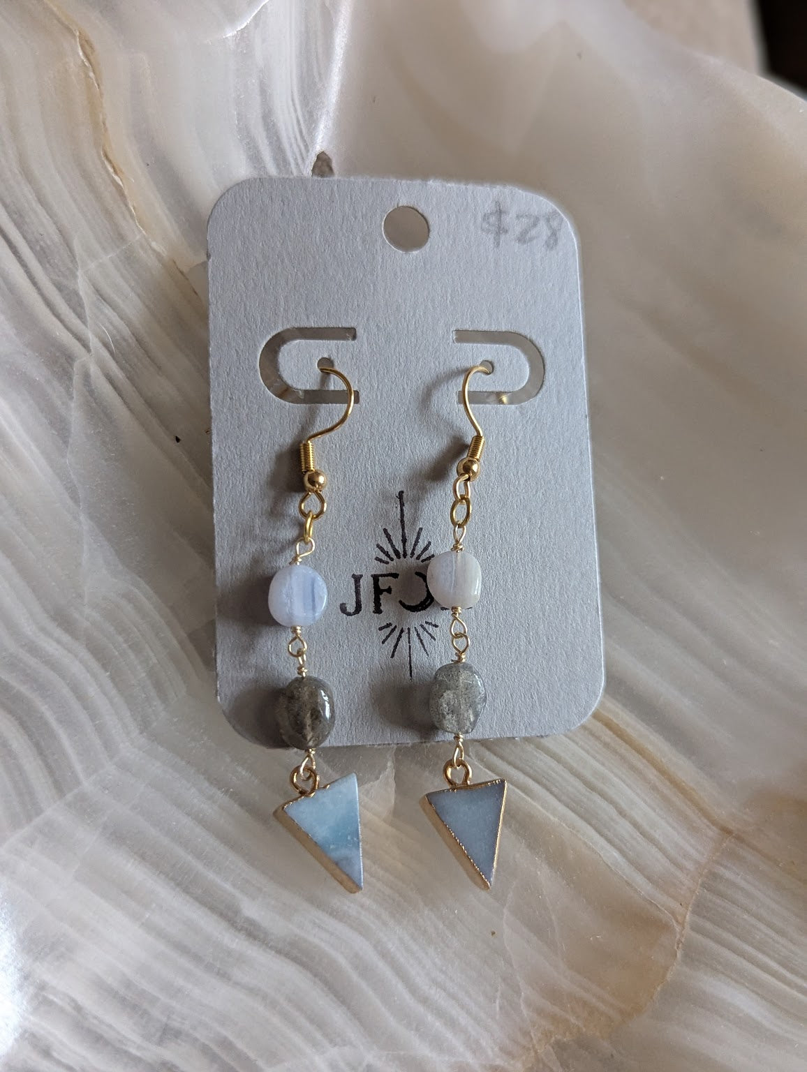 Blue Lace Agate, Labradorite, Amazonite Gold Earrings