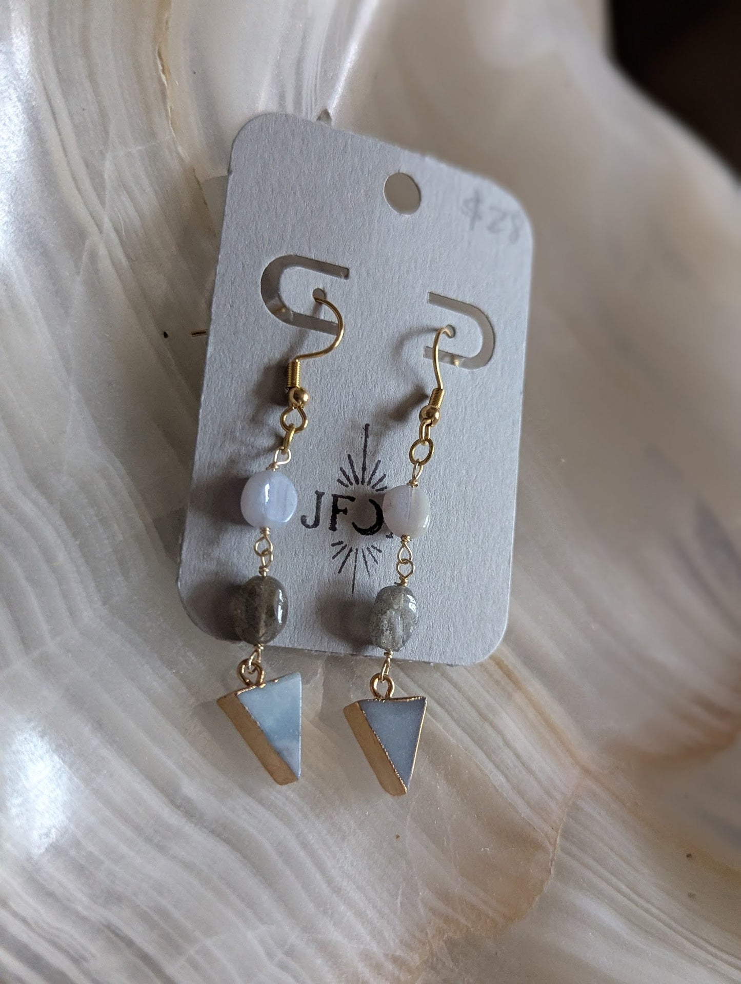 Blue Lace Agate, Labradorite, Amazonite Gold Earrings