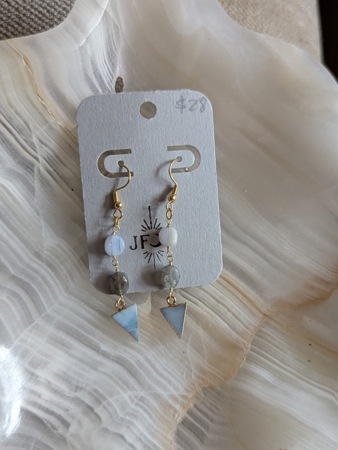Blue Lace Agate, Labradorite, Amazonite Gold Earrings