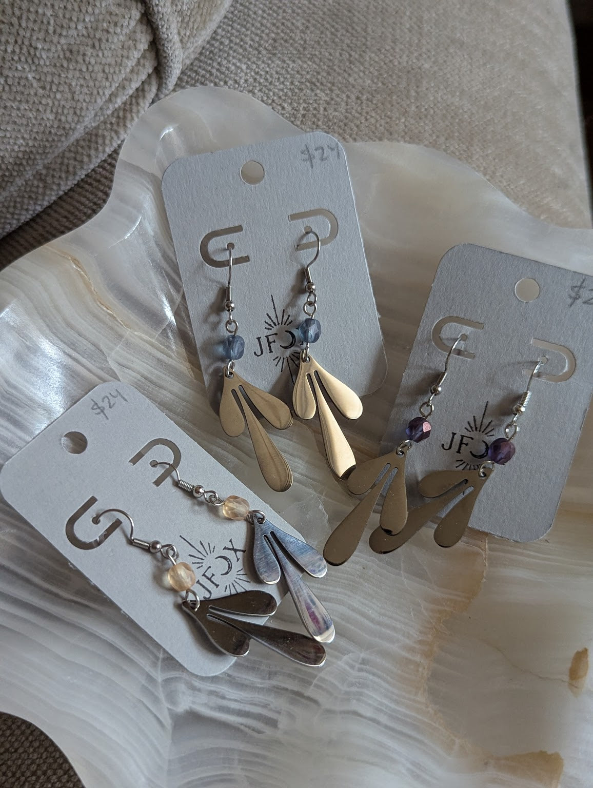 Silver Leaf Accent Beads Earrings (Various Colors Available)