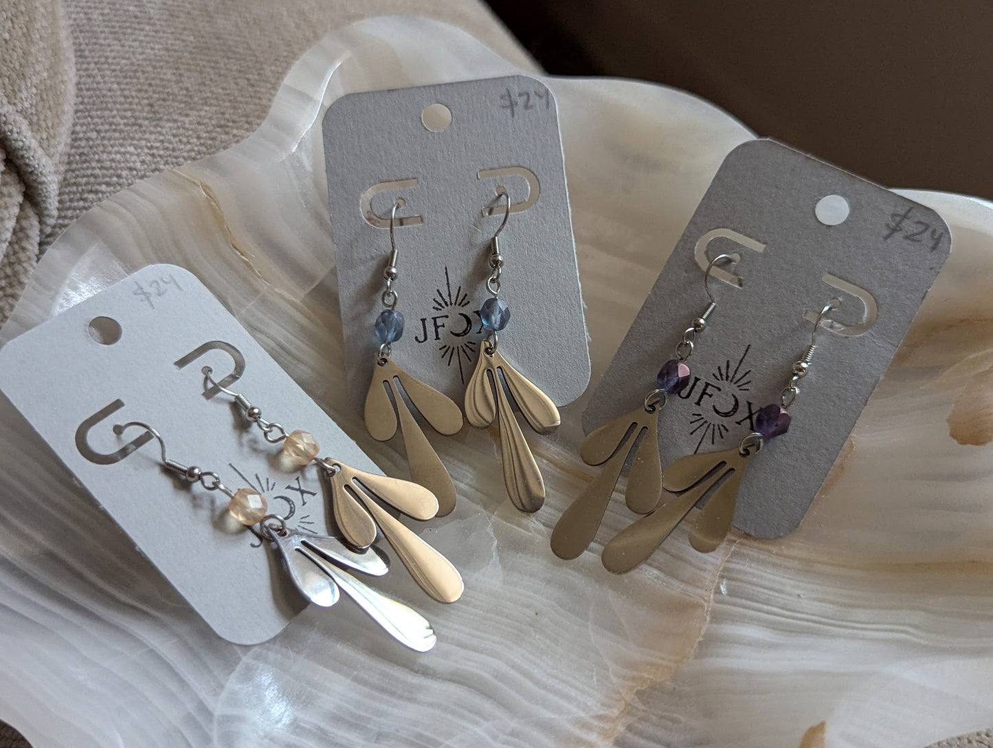 Silver Leaf Accent Beads Earrings (Various Colors Available)