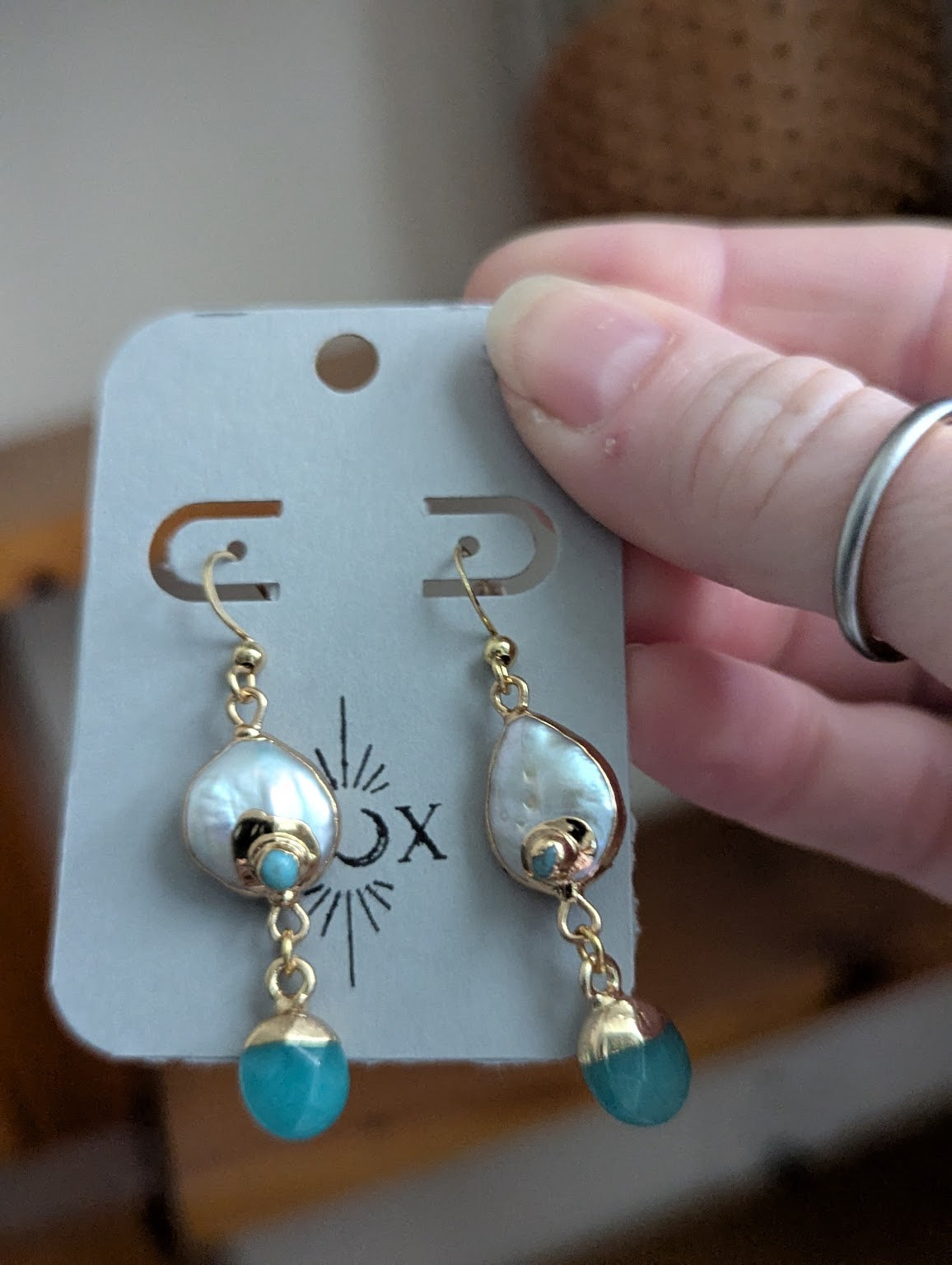 Freshwater Pearl Turquoise Jade Gold Earrings