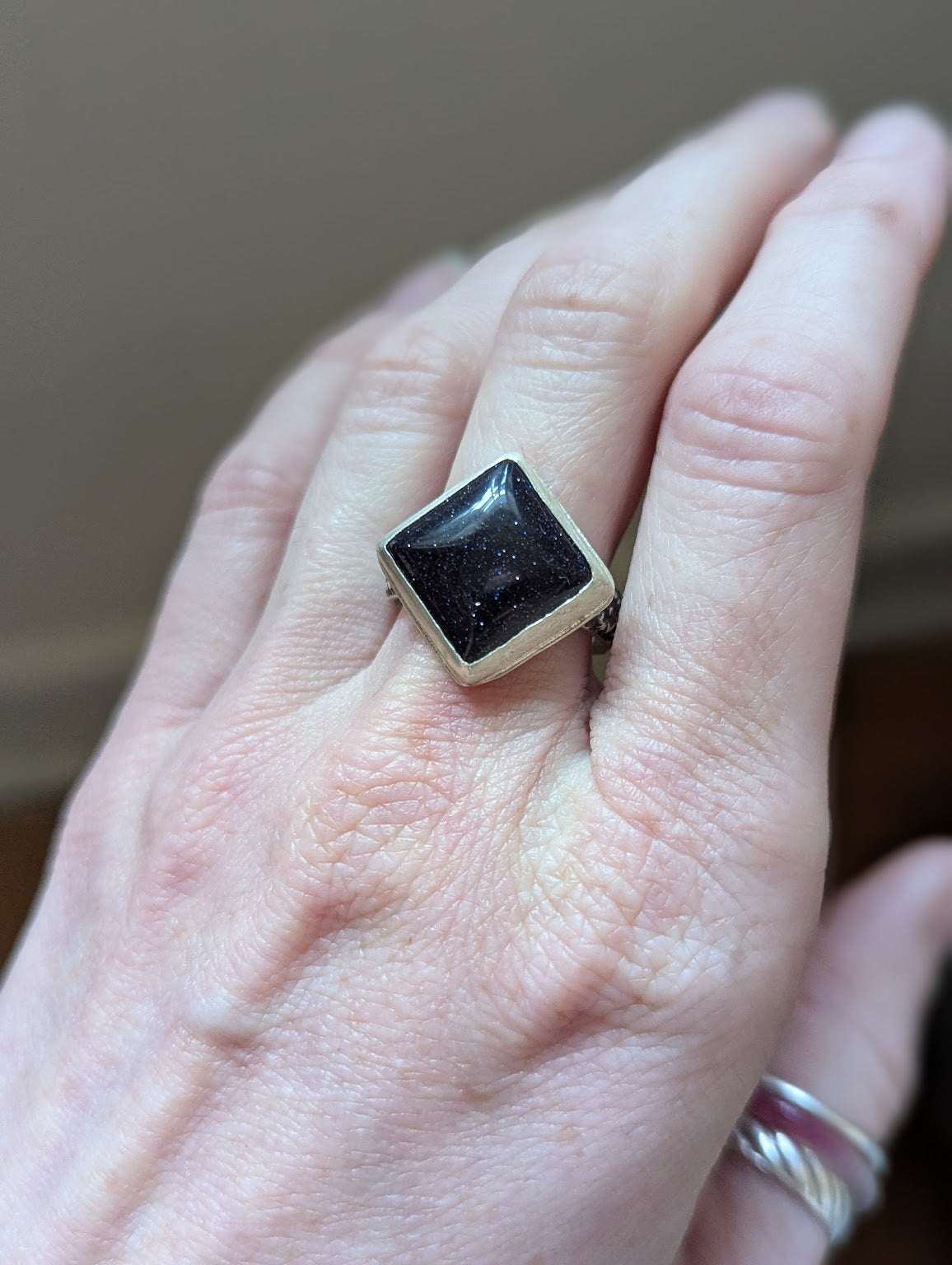 Square Blue Goldstone Floral Band Silver Ring - Size 8