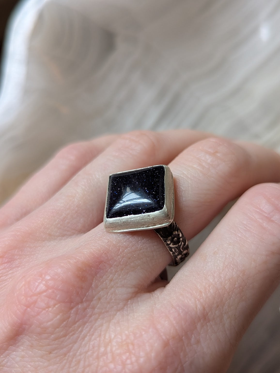 Square Blue Goldstone Floral Band Silver Ring - Size 8