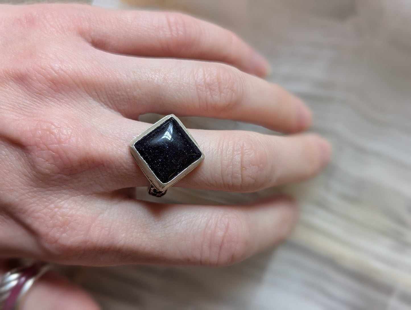 Square Blue Goldstone Floral Band Silver Ring - Size 8
