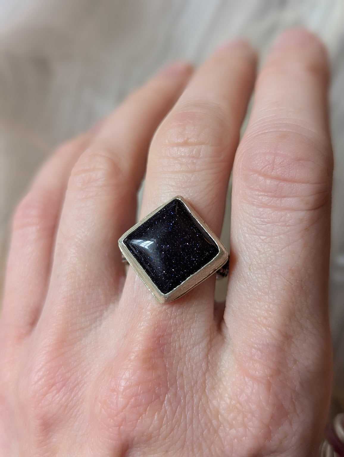 Square Blue Goldstone Floral Band Silver Ring - Size 8