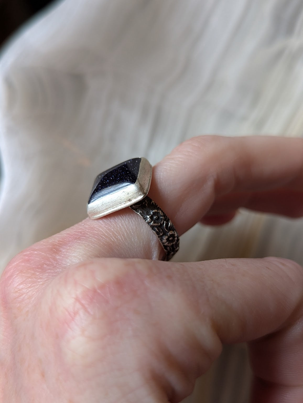Square Blue Goldstone Floral Band Silver Ring - Size 8
