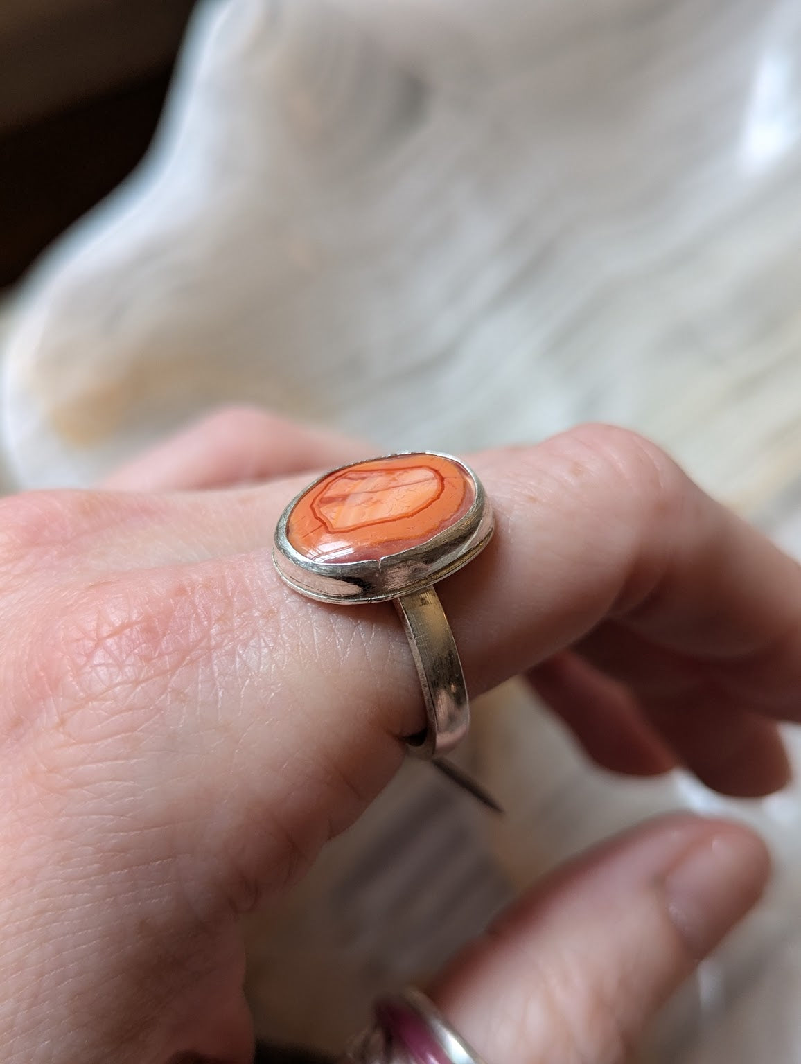 Orange Agate Oval Silver Ring - Size 10