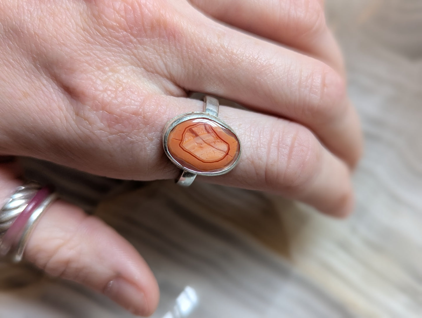 Orange Agate Oval Silver Ring - Size 10