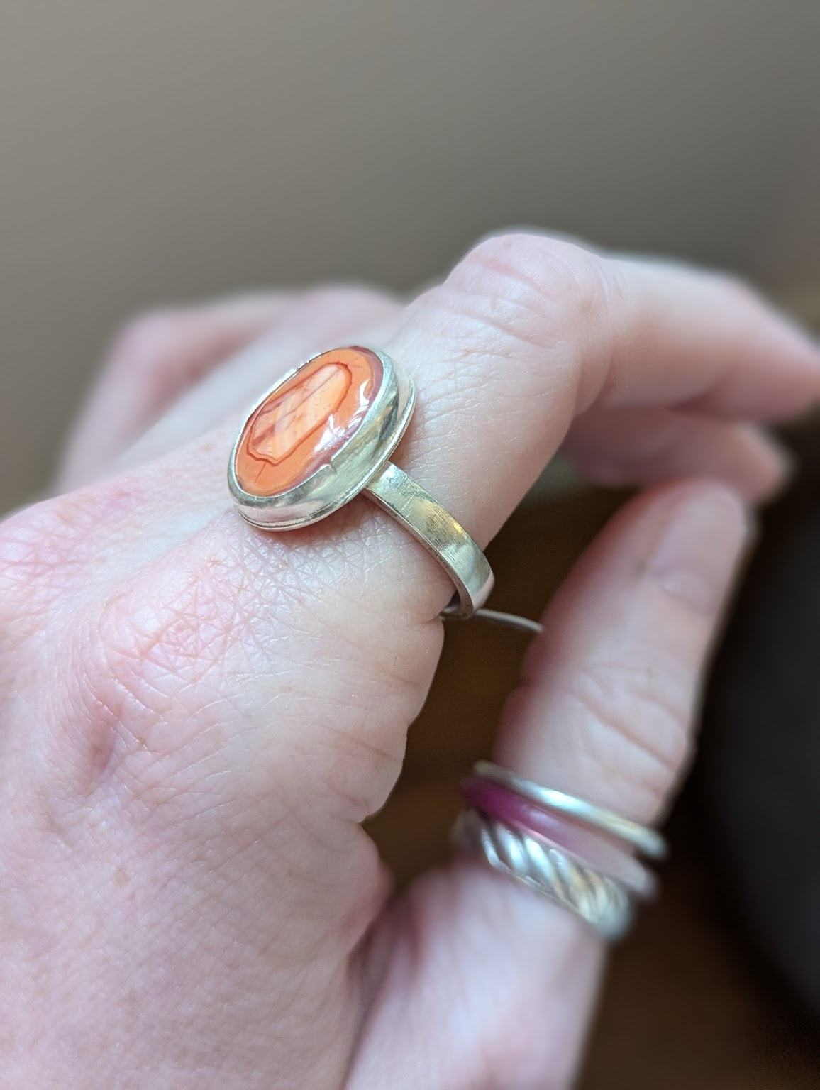 Orange Agate Oval Silver Ring - Size 10