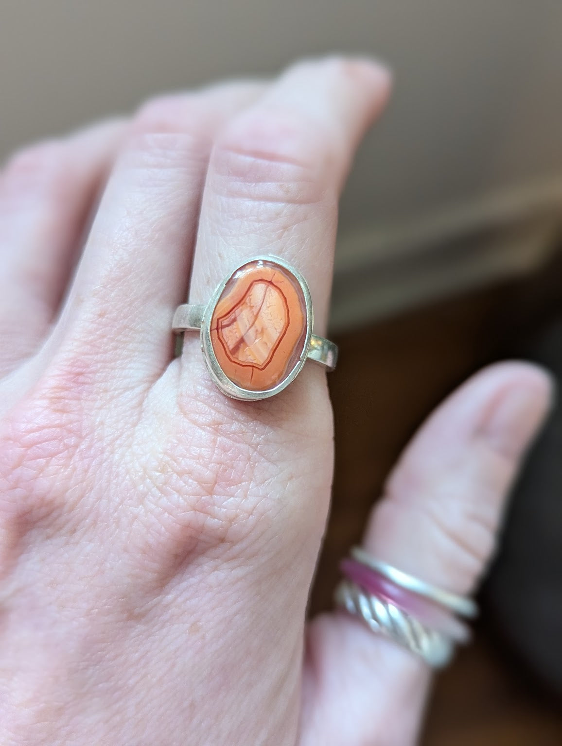 Orange Agate Oval Silver Ring - Size 10