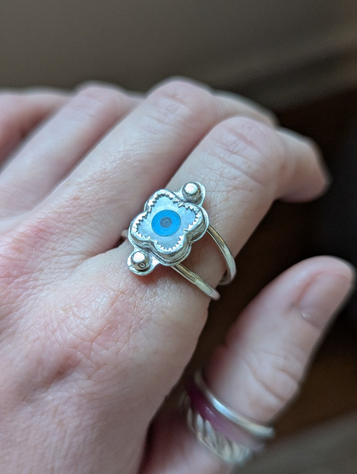 Mother of Pearl Evil Eye Silver Embellished Ring - Size 9