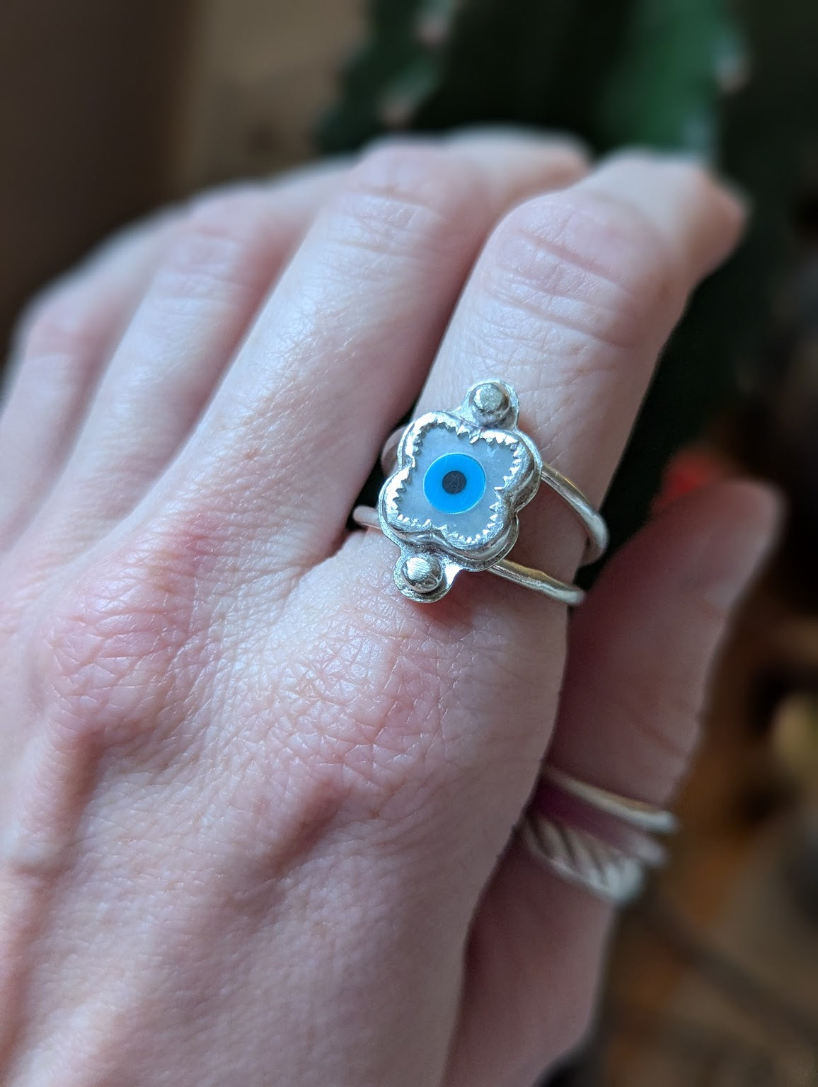 Mother of Pearl Evil Eye Silver Embellished Ring - Size 9